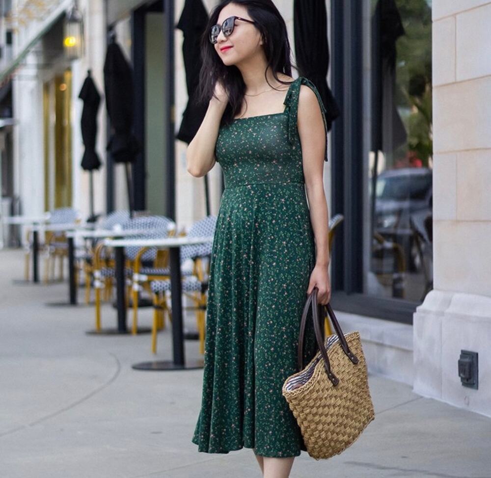 Reformation Edita Micro Floral Midi Dress Sz 2 Green Sleeveless Tie Shoulder